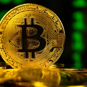 Bitcoin BTC with binary code blockchain technology background
